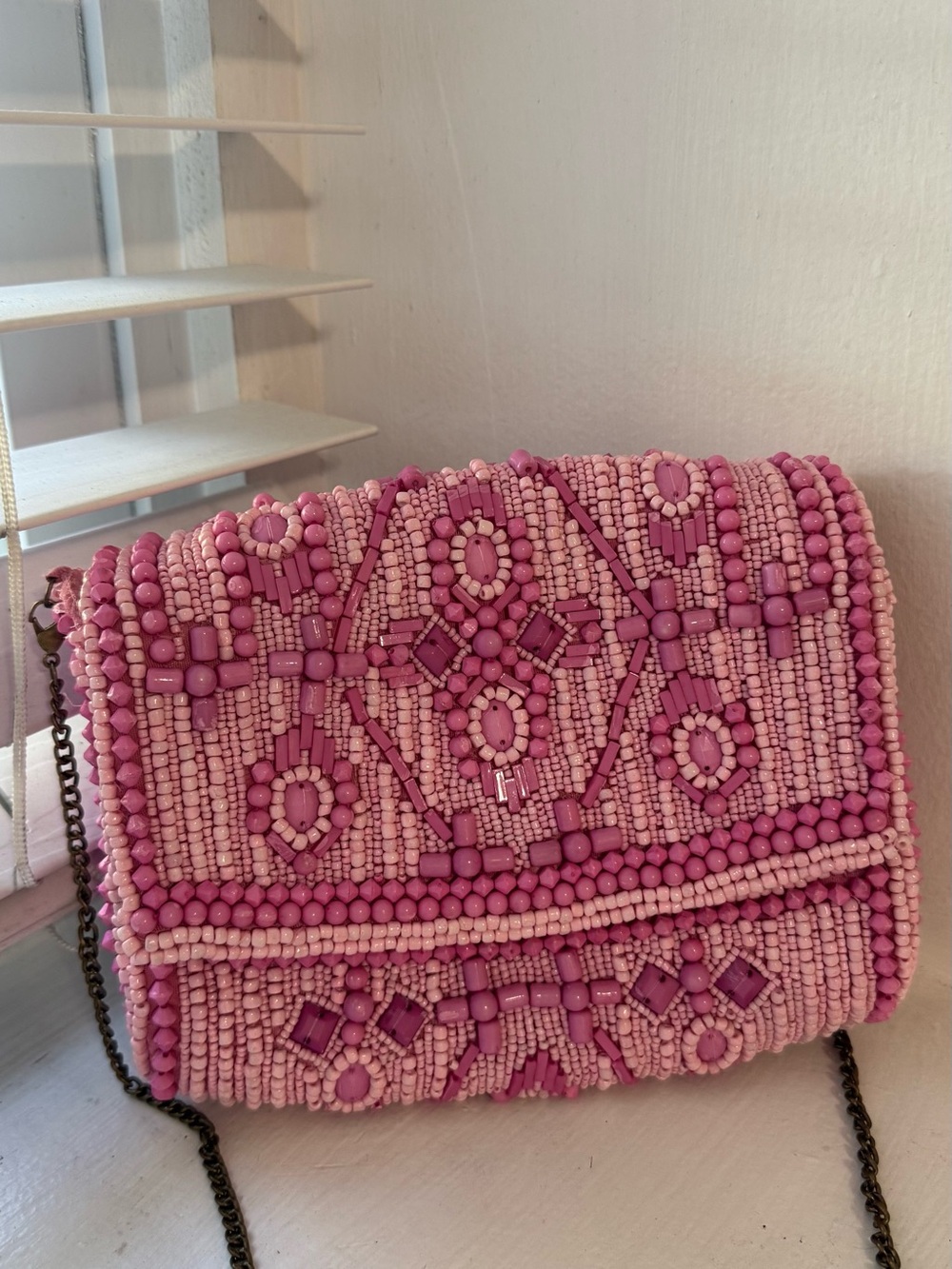 Antik Kraft Pink Beaded Clutch with Chain Strap